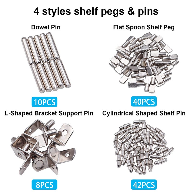 Hmknana 100PCS 4 Styles Shelf Pins Kit - Nickel Plated Shelf Bracket Pegs & Shelf Support Pins,Dowel Pin and Shelf Holders for Shelves Cabinet Furniture Closet etc - Image 4